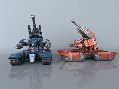 Detailed Blue and Red Tank Models with Cannons and Tracks in Mechanical Sci Fi Design 3d model