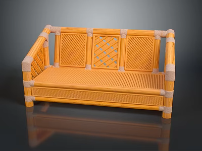 Yellow Rattan Three-Seater Sofa With Woven Backrest And Seat Design 3d model