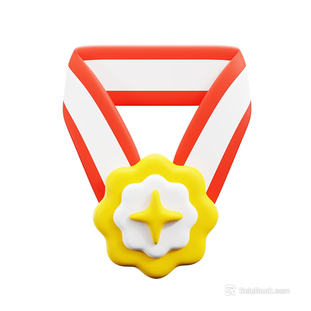 Decorative Ornament Set Medal With Red White Ribbon Yellow Flower Base White Center Yellow Star 3d model 