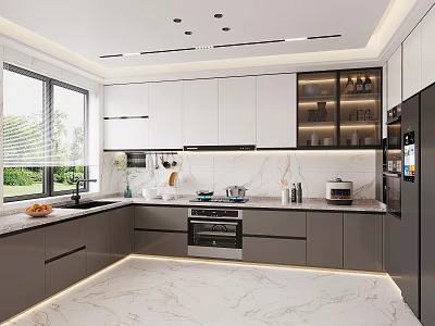 Modern Kitchen Interior With White Cabinets Marble Countertop Natural Light And Appliances 3d model