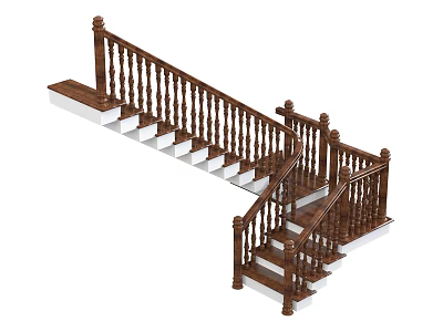 Classic Wooden Staircase With Curved Handrail Balusters White Steps And Landing 3d model