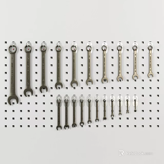Arranged Metal Wrench Decorative Ornament Set On White Pegboard 3d model 