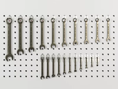 Arranged Metal Wrench Decorative Ornament Set On White Pegboard 3d model