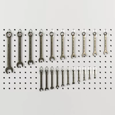 Arranged Metal Wrench Decorative Ornament Set On White Pegboard 3d model