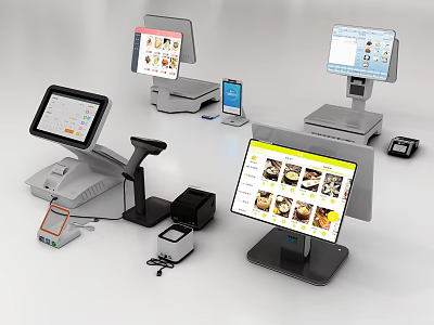 Modern Retail POS Systems With Multiple Screens Receipt Printers And Mobile Devices 3d model
