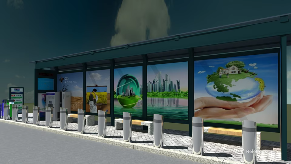 Modern Station With Large Glass Windows Showing Cityscape Eco Friendly Posters Seats And Charging Stations 3d model 