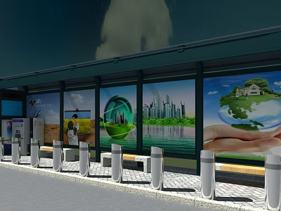 Modern Station With Large Glass Windows Showing Cityscape Eco Friendly Posters Seats And Charging Stations 3d model