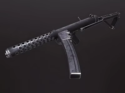 Black Metal Submachine Gun With Perforated Barrel Magazine And Military Style Design 3d model