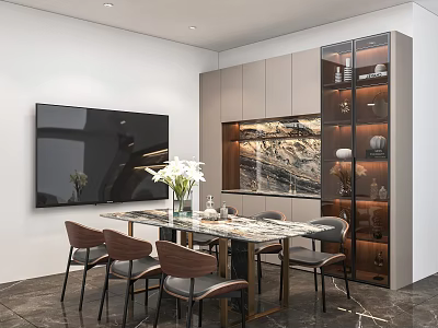 Modern Restaurant Interior With Marble Dining Table Chairs Glass Display Cabinet Stone Mural And TV 3d model