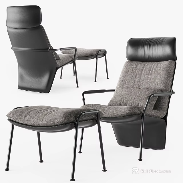 Modern Black Leather And Gray Fabric Accent Chair With Ottoman And Metal Frame 3d model 