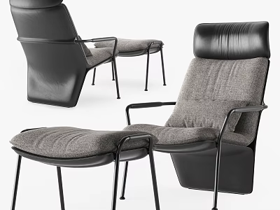 Modern Black Leather And Gray Fabric Accent Chair With Ottoman And Metal Frame 3d model