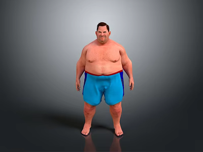 Full Body View Of Overweight Man Standing Shirtless In Blue Shorts Against Gray Background 3d model