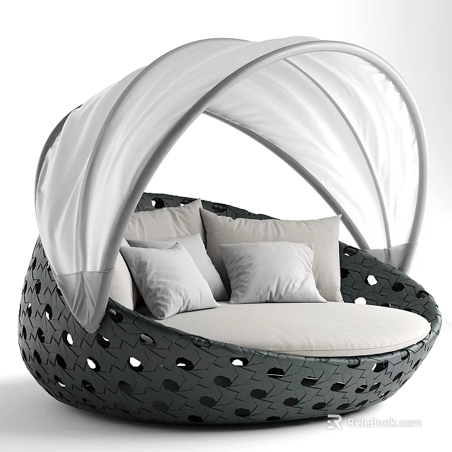 Modern Outdoor Sofa With White Canopy Black Perforated Design And White Cushions 3d model 