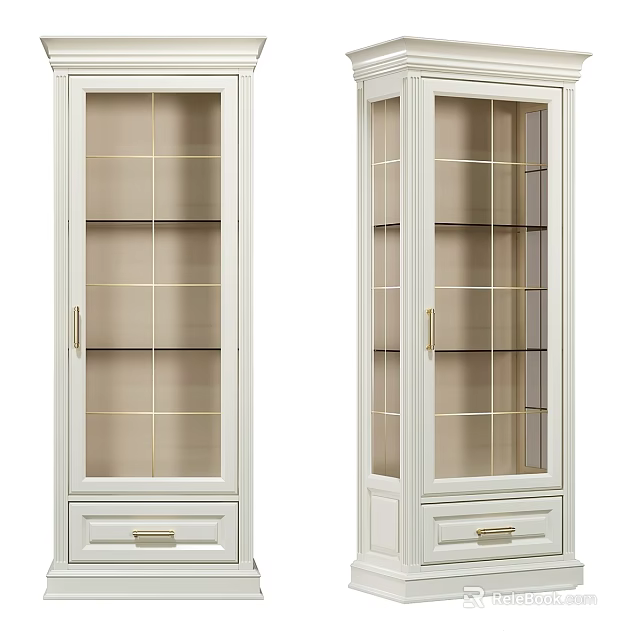 Elegant White Storage Cabinets With Glass Doors Gold Lines And Drawers 3d model 