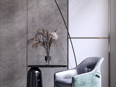 Modern Blue Leisure Chair With Gray Wall Gold Trim Black Side Table Dried Flower Vase 3d model