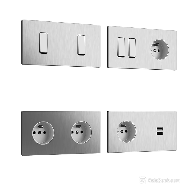 Modern Sleek Brushed Stainless Steel Switch Panels With Single Double Switches Sockets And USB Ports 3d model 