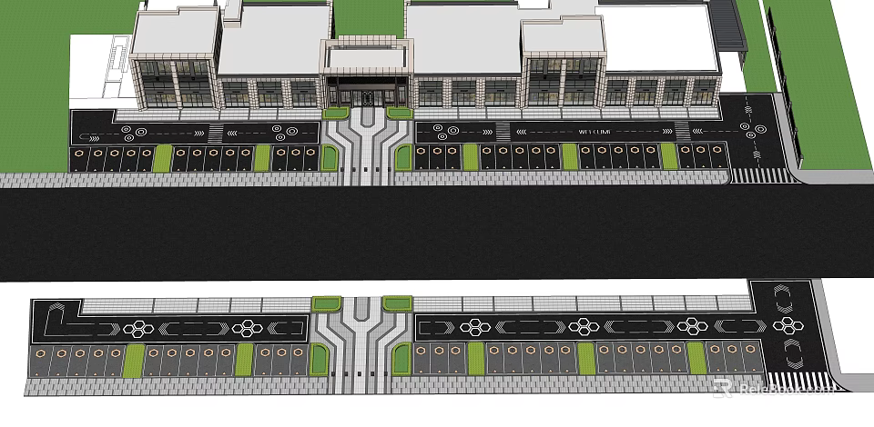 Large Commercial Building Exterior Layout With Main Entrance Central Driveway Parking Zones And Green Belts 3d model 