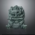 Green Mythical Creature Sculpture with Fierce Expression Detailed Mane Claws and Sitting Posture Stone Carving
