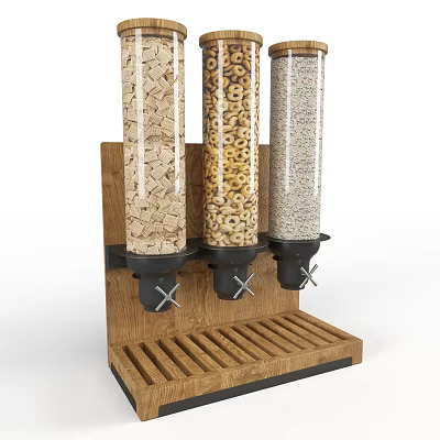 Three Transparent Spice Containers with Wooden Base and Black Dispensers 3d model