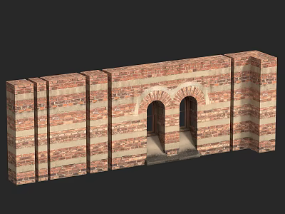Red Brick Building Exterior Wall With Double Arched Windows And Layered Striped Design 3d model