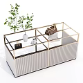 Modern Coffee Table With Vertical Stripes Metal Frame Storage And Potted Plant Decor