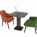 Modern Dining Table And Armchairs Set With Orange Green Upholstered Chairs And Tabletop Bottle Glasses