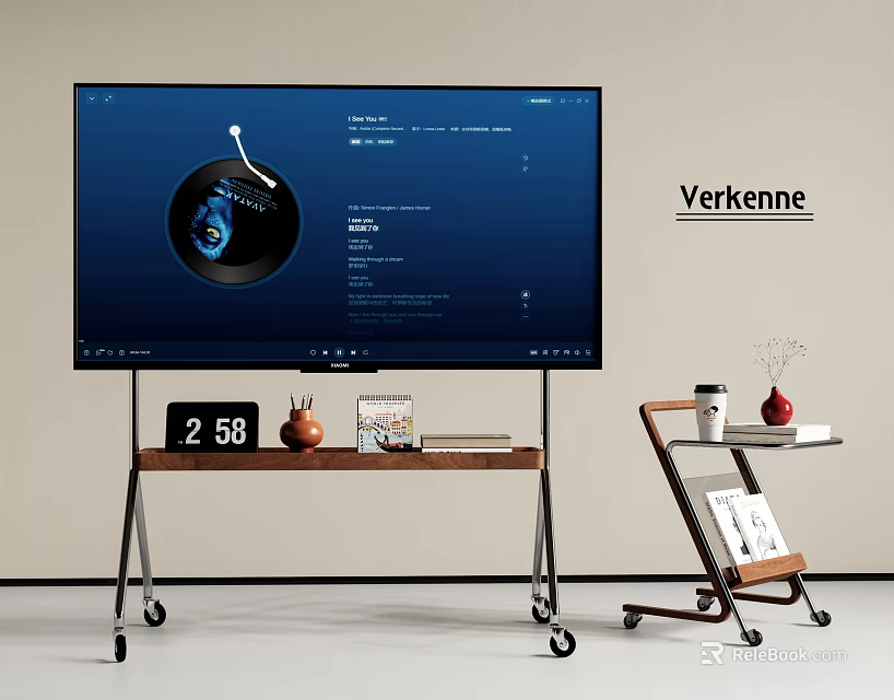 Large Screen Smart TV on Rolling Wooden Stand with Digital Clock and Decorative Items 3d model