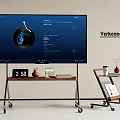 Large Screen Smart TV on Rolling Wooden Stand with Digital Clock and Decorative Items 3d model