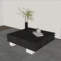 Modern Grid Design Coffee Table With Silver Legs Vase Green Plant Books And White Cup