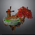 Floating Island Scene With Windmill Red Tree Green Grass And Stone Wall