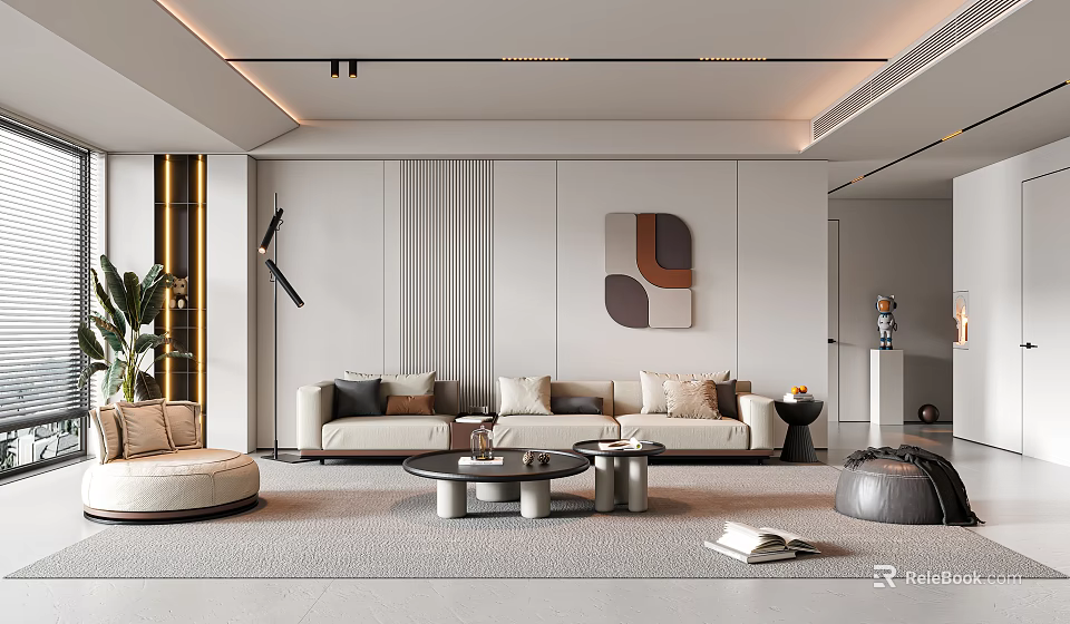 Modern Living Room Interior With Beige Sofa Pillows Round Coffee Table Decorative Painting And Green Plant 3d model 