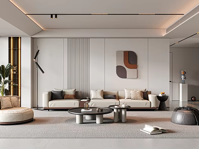 Modern Living Room Interior With Beige Sofa Pillows Round Coffee Table Decorative Painting And Green Plant 3d model