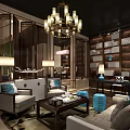 Elegant Club Interior With Wooden Bookshelves Dining Table And Pendant Light