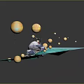 Cartoon Scene With Blue Water Waves Character On Purple Whale And Yellow Spheres