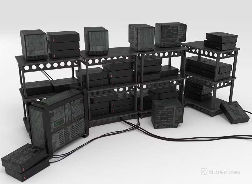 Multiple Black Computer Servers On Rack Shelves With Connected Cables 3d model 