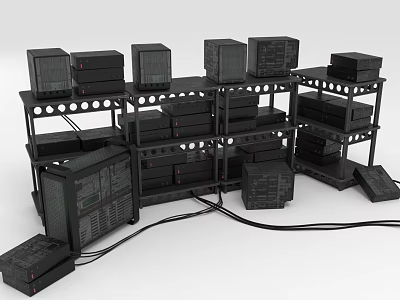 Multiple Black Computer Servers On Rack Shelves With Connected Cables 3d model