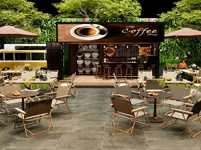 Commercial Coffee Shop Equipment Featuring Bar Counter Outdoor Tables And Green Plants 3d model