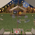 Outdoor Night Garden Landscape with Tents String Lights Dining Chairs Bonfire and Trees on Grass