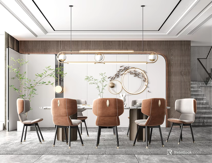 Elegant Modern Restaurant Interior With Marble Dining Table Chairs Pendant Lights And Wooden Walls 3d model 