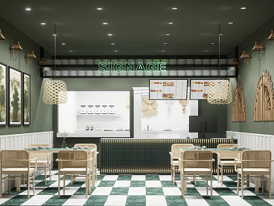 Sirena Cafe Interior Design With Green Walls Checkerboard Floor Rattan Chairs And Wicker Pendants 3d model