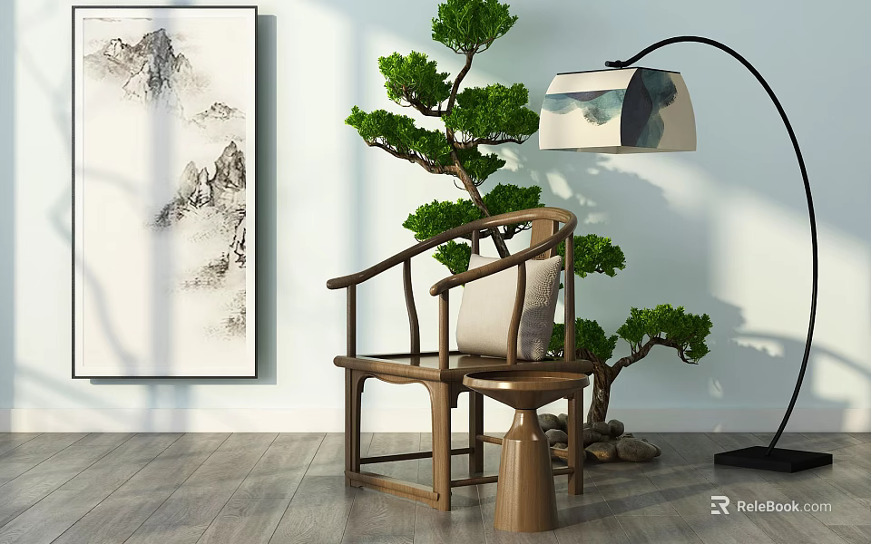 Chinese Wooden Leisure Chair With Pine Tree Landscape Painting And Floor Lamp In Minimalist Interior 3d model 