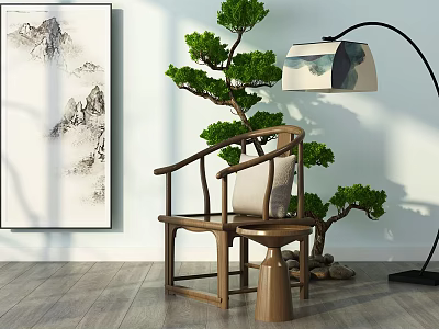 Chinese Wooden Leisure Chair With Pine Tree Landscape Painting And Floor Lamp In Minimalist Interior 3d model