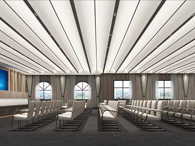 Modern Conference Room Interior With Ceiling Strip Lights Large Screen And White Chairs 3d model