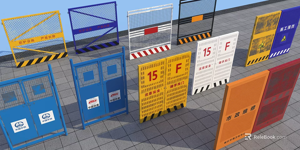 Various Colored Construction Safety Barriers With 15 F Markings And Warning Stripes 3d model 