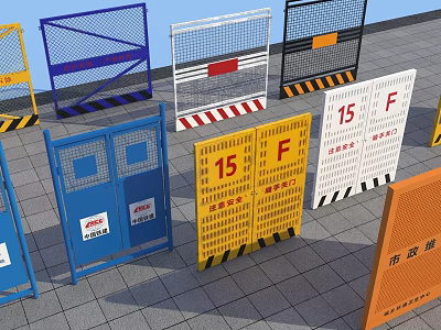 Various Colored Construction Safety Barriers With 15 F Markings And Warning Stripes 3d model