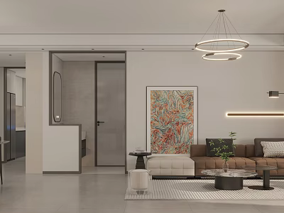Modern Minimalist Living And Dining Room With Comfortable Sofa And Elegant Wall Art Simple Lighting 3d model