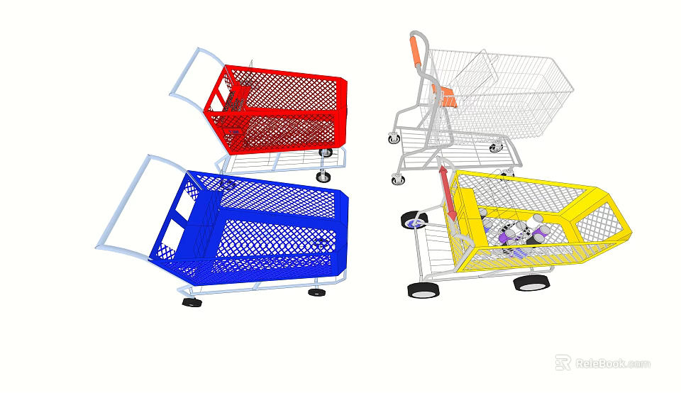 Red Blue Yellow And Silver Public Shopping Carts With Wheels For Supermarket Use 3d model 