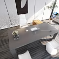 Modern Office Interior Design With Desk White Chairs Potted Plant Artwork And Floor To Ceiling Windows