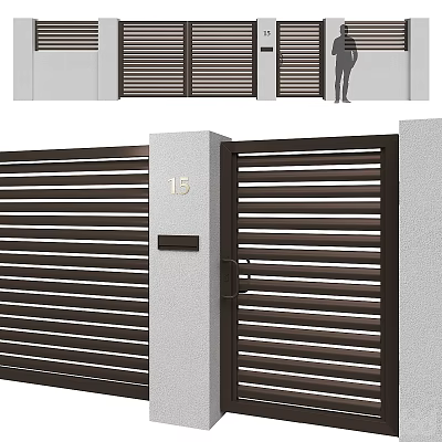 Minimalist Modern Building Exterior Wall With Slatted Gate And House Number 15 3d model