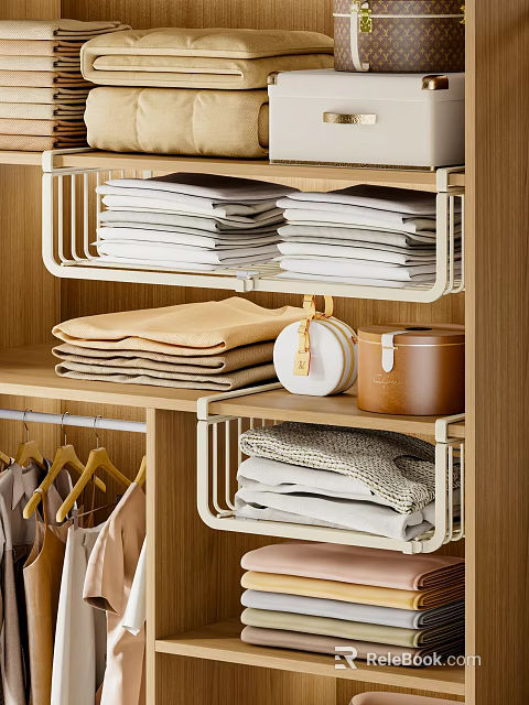 Organized Closet With Folded Clothes Hanging Garments Wooden Shelves And Storage Tins 3d model 